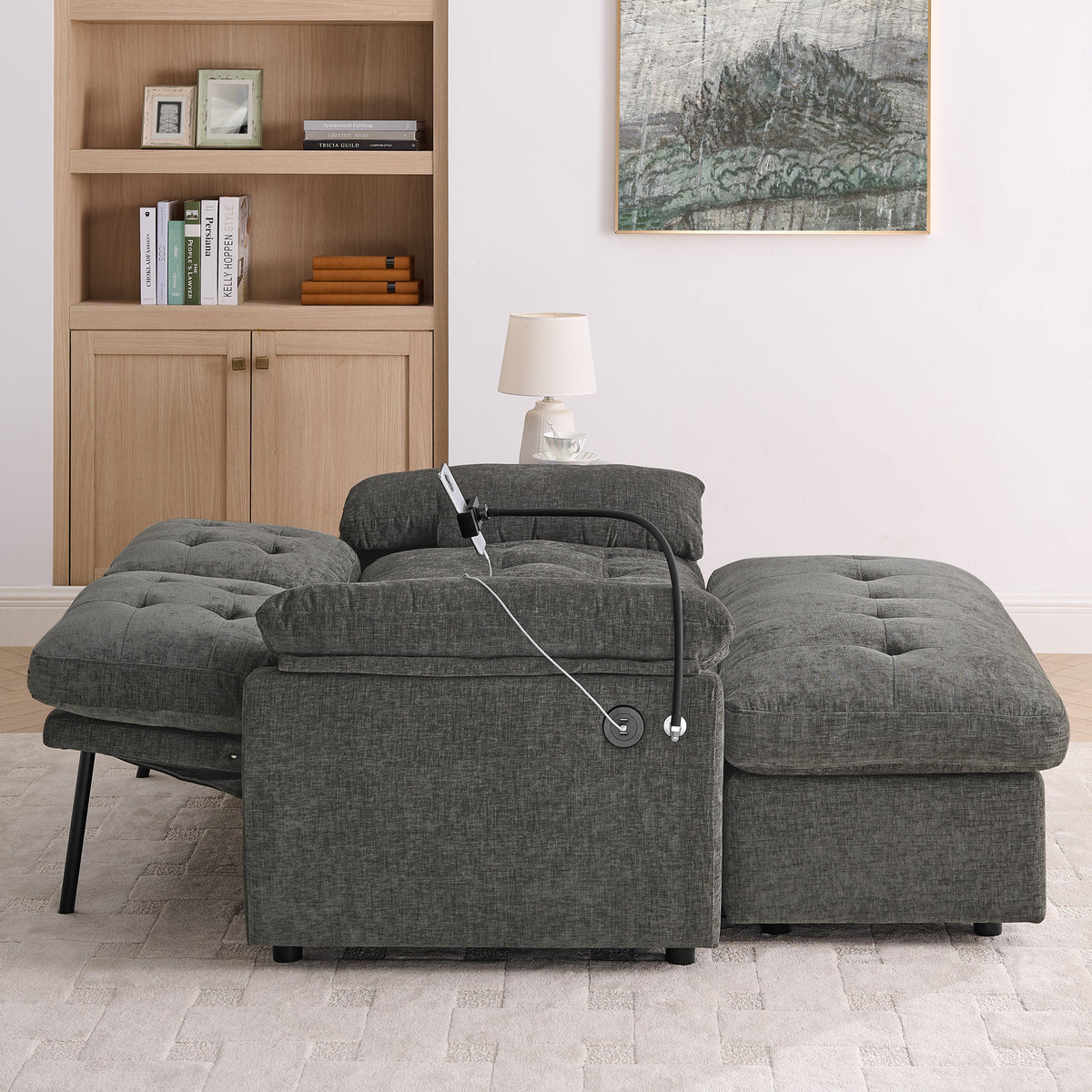 Leisure sofa chair,Double sofa recliner, with manually adjustable backrest, soft padded armrests, side USB charging port and phone stand, comes with a matching storage ottoman-Gray