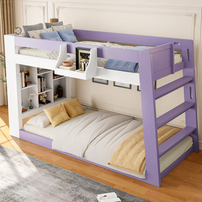 Twin Over Twin XL Bunk Bed with Storage Shelves & Guardrail Storage Basket, White+Light Purple
