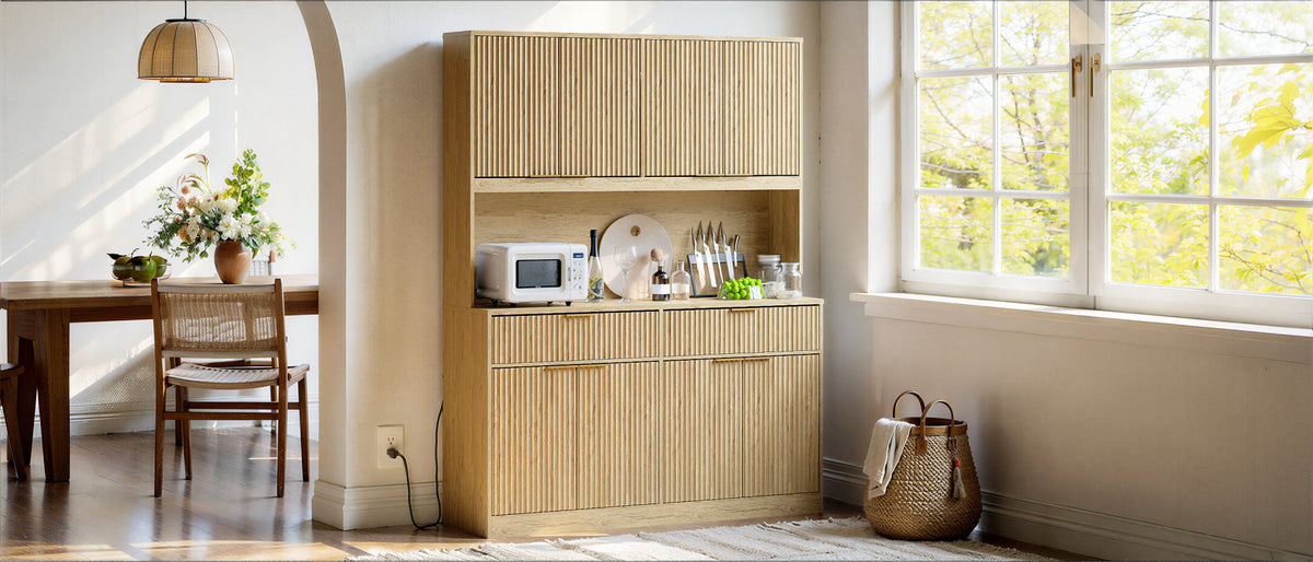 71" Tall Kitchen Pantry Cabinet with Power Outlet, Hollow Open Countertop, Modern Multi-Functional Storage Hutch Cabinet for Dining Room, Entryway and Living Room,Natural