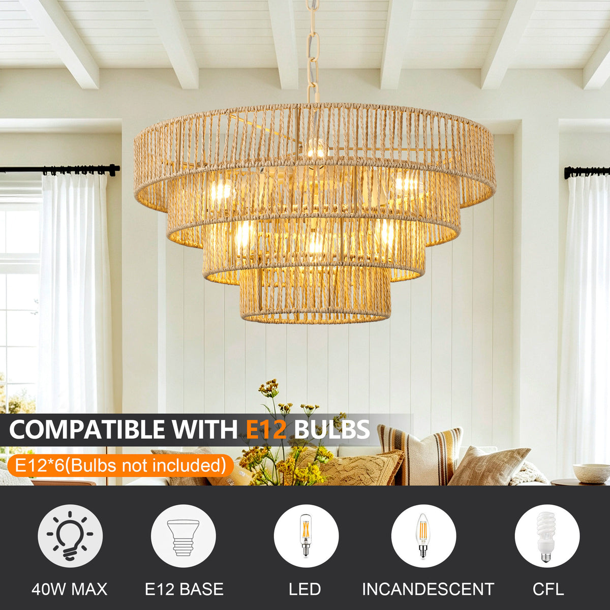 19.69" Tiered Glass Chandelier, 6-Light B12 Socket Pendant Light, Gold Metal Frame, Adjustable Hanging Cord