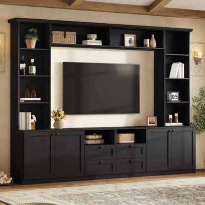 Farmhouse Elegant Entertainment Center Wall Unit with 4 Drawers, Modern Built in TV Stand with Bridge for TVs Up to 70", All-in-One Media Console with Adjustable Shelves for Living Room, Black