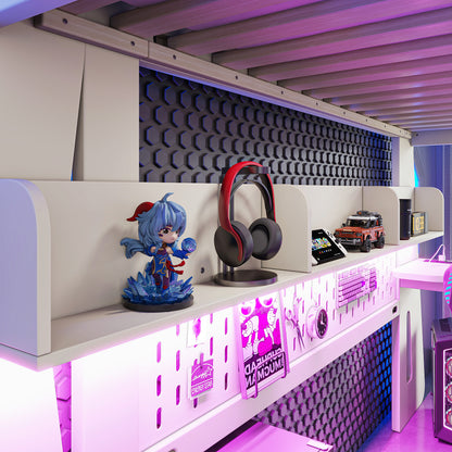 Twin/Full Size Gaming Loft Bed, All-in-One Gaming Bed with Desk, Gaming Bed with Storage, Gaming Loft Bed with Led Light, Esports Style Loft Bed Frame for Teens, Space Saving Loft bed.Beige