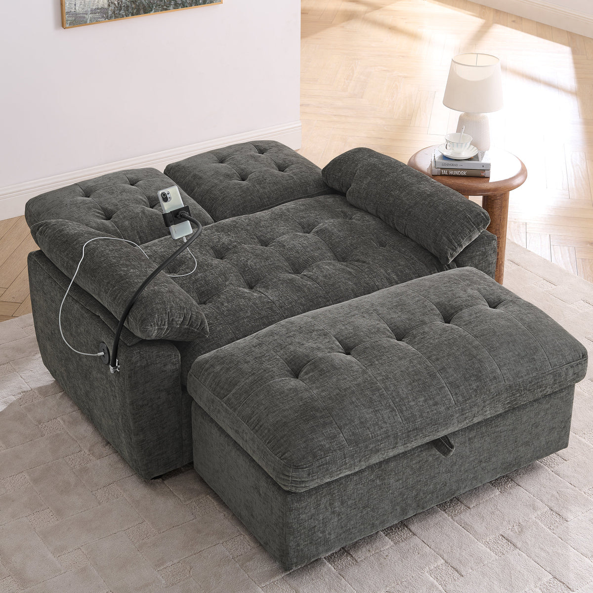 Leisure sofa chair,Double sofa recliner, with manually adjustable backrest, soft padded armrests, side USB charging port and phone stand, comes with a matching storage ottoman-Gray