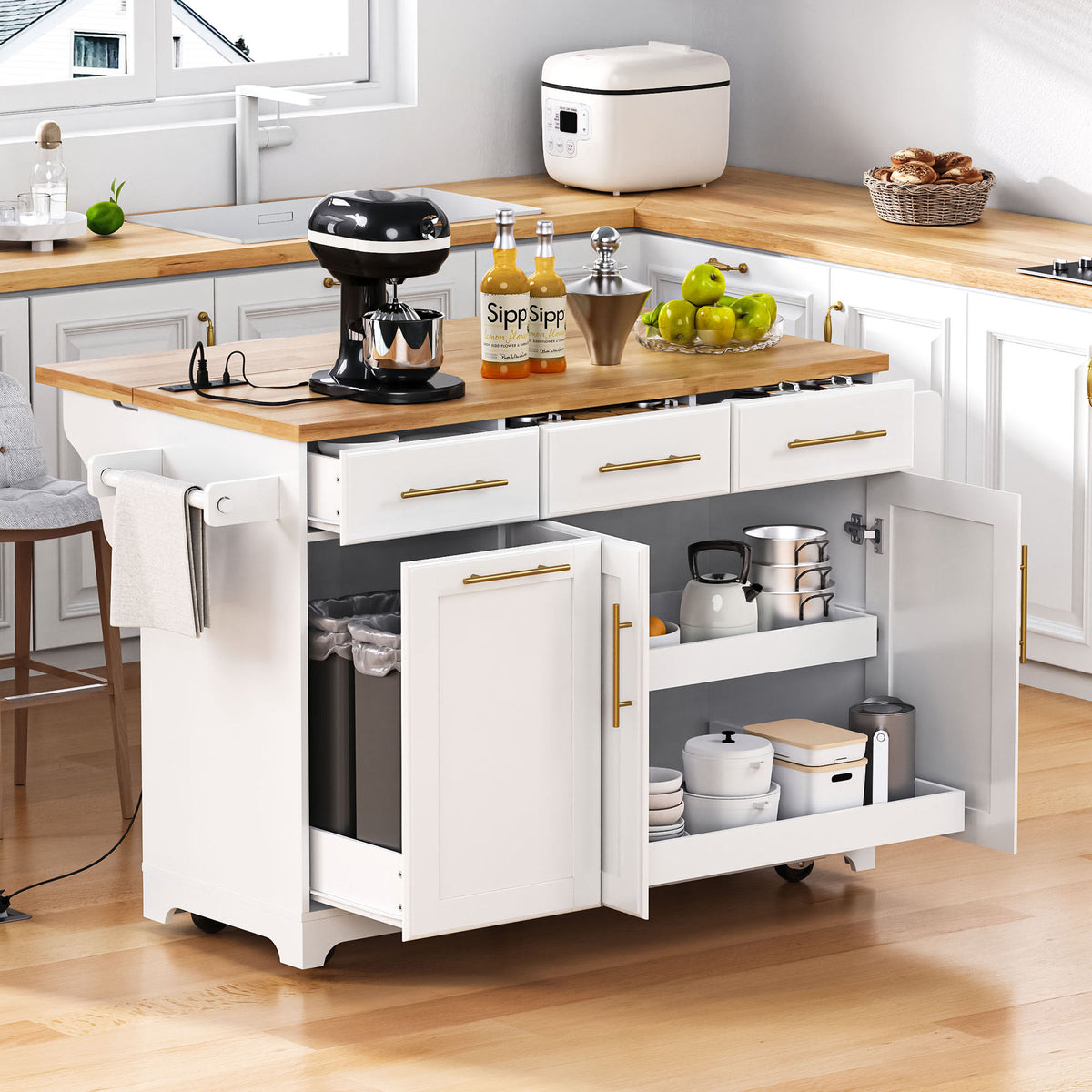 K&K 59.3" Kitchen Island with Storage 2 Pull Out Cabinet Organizers & Rubber Wood Drop Leaf, Rolling Kitchen Island with Trash Can Storage