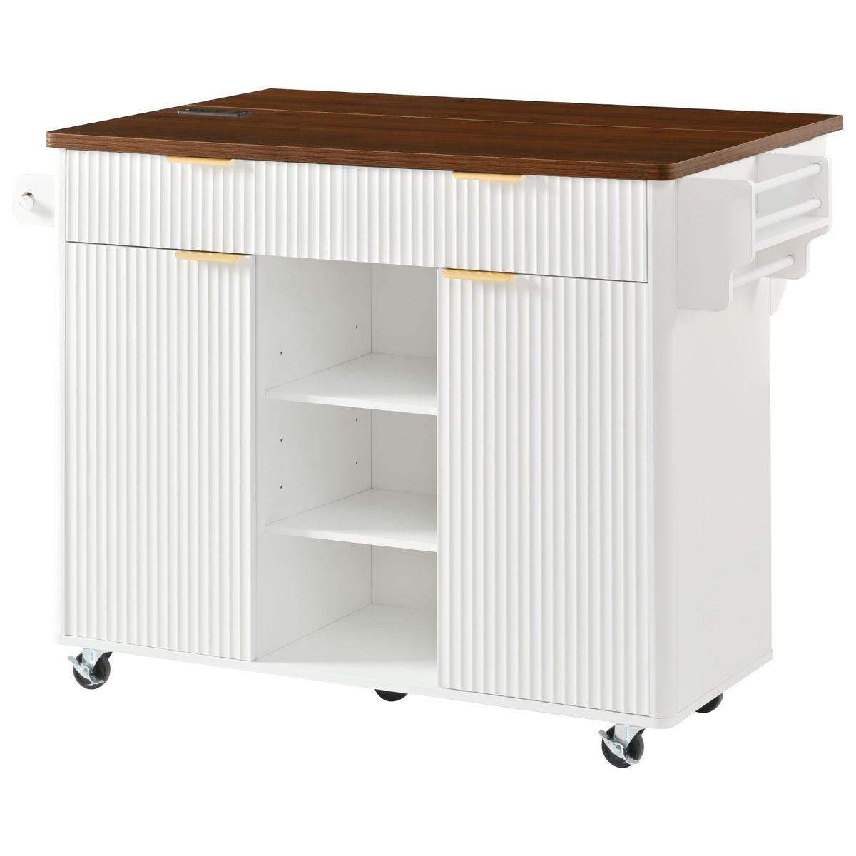 K&K 52" Fluted Kitchen Island with Drop Leaf, Power Outlet, Kitchen Storage Cart with Adjustable Shelves, 2 Doors and 2 Drawers