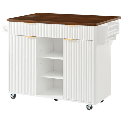 K&K 52" Fluted Kitchen Island with Drop Leaf, Power Outlet, Kitchen Storage Cart with Adjustable Shelves, 2 Doors and 2 Drawers