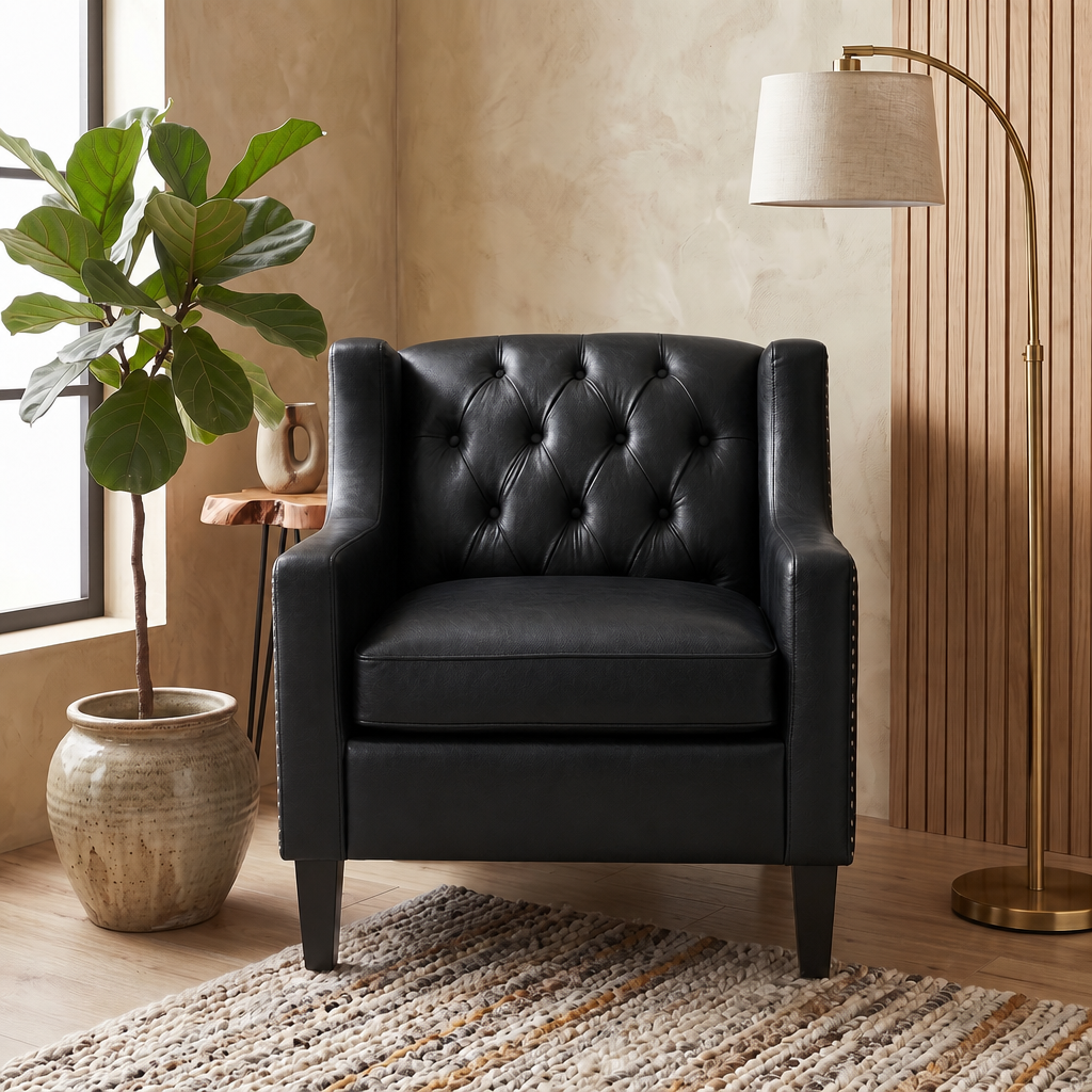 Black Faux PU Leather Accent Chair, Mid-Century Tufted Armchair with Nailhead Trim, Equipped with High Resilience Sponge Cushion & Solid Wood Legs, Comfortable Single Sofa for Living Room, Bedroom