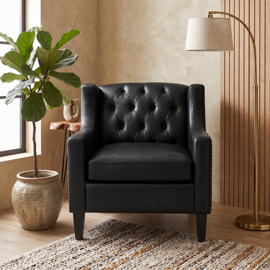 Black Faux PU Leather Accent Chair, Mid-Century Tufted Armchair with Nailhead Trim, Equipped with High Resilience Sponge Cushion & Solid Wood Legs, Comfortable Single Sofa for Living Room, Bedroom