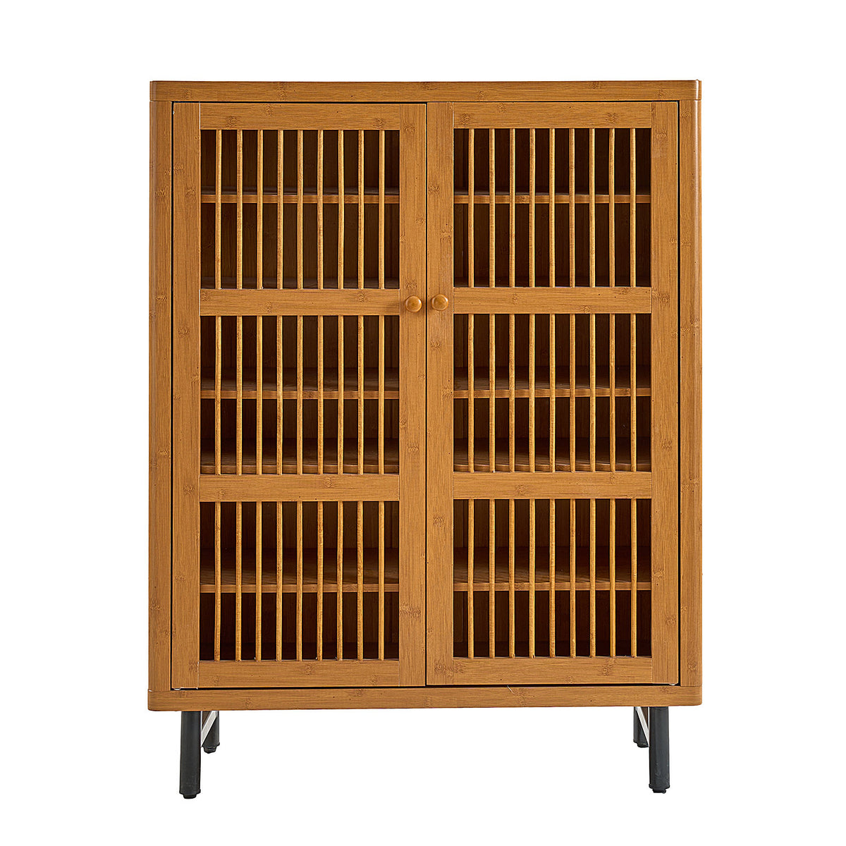 Walnut Modern Shoe Cabinet with Louver Doors, 6-Tier Entryway Organizer with Adjustable Shelves, MDF and Iron Construction, Natural Finish