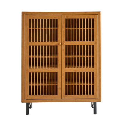 Walnut Modern Shoe Cabinet with Louver Doors, 6-Tier Entryway Organizer with Adjustable Shelves, MDF and Iron Construction, Natural Finish