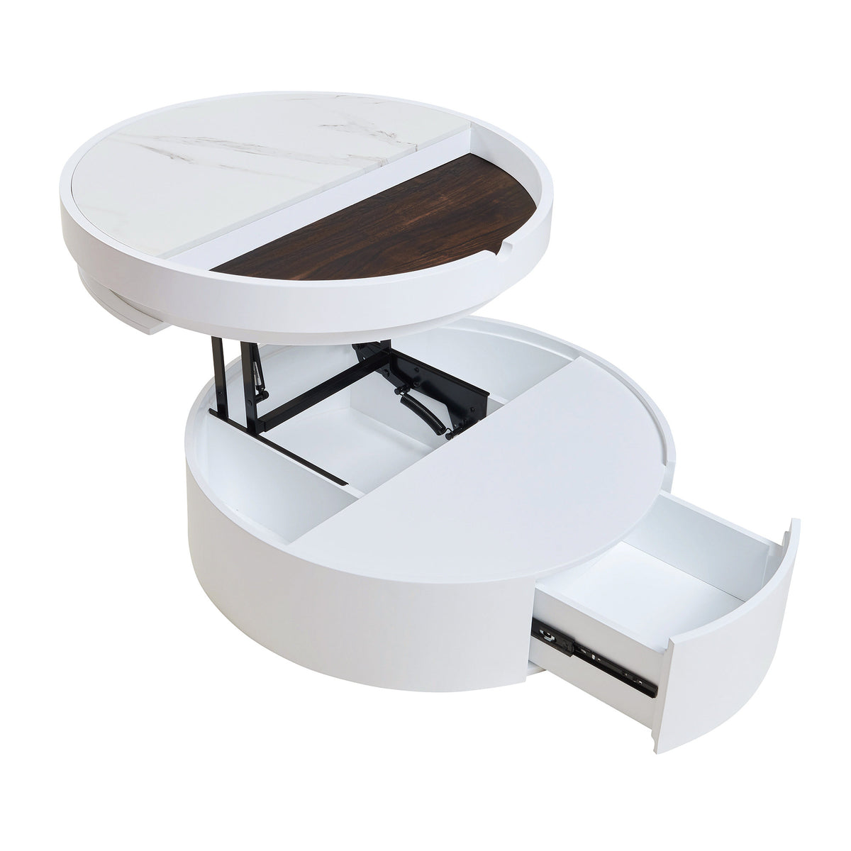 White Round Lift Coffee Table with 1 Drawer in 29.5', Marble Veneer and Wood Grain Tabletop