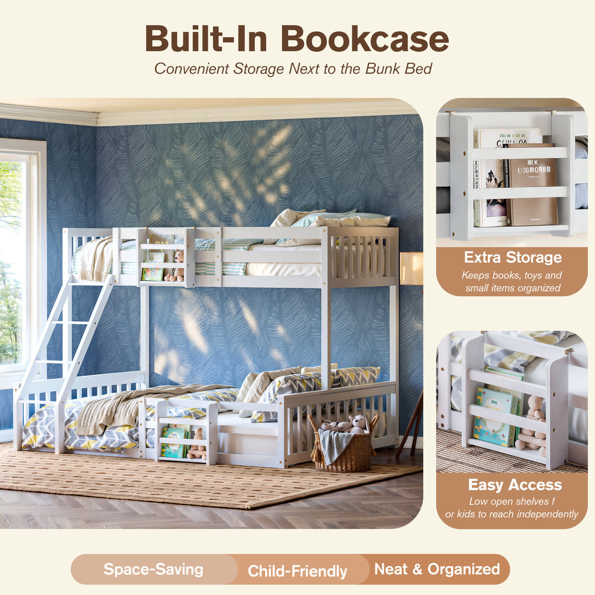 Twin Over Full Floor Bunk Bed with Ladder and Bookshelf, Space-Saving, Noise-Free, No Box Spring Needed,White