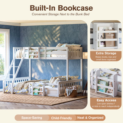 Twin Over Full Floor Bunk Bed with Ladder and Bookshelf, Space-Saving, Noise-Free, No Box Spring Needed,White