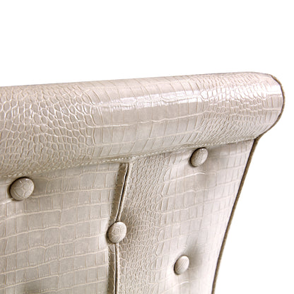 A set of 2 beige and gold vintage crocodile leather cushioned dining chairs, featuring crystal clasp design and artificial leather design, adding a touch of elegance and mystery to the dining area