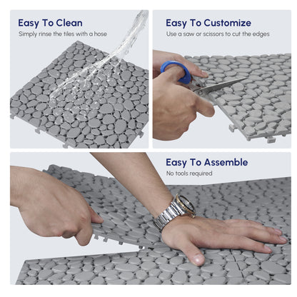 12 x 12 Inch Gray Interlocking Deck Tiles Plastic Waterproof Outdoor All Weather Anti-slip Bathroom Shower Balcony Porch Strong Weight Capacity Upto 440 LBS, Pebble Stone Pattern Pack of 12