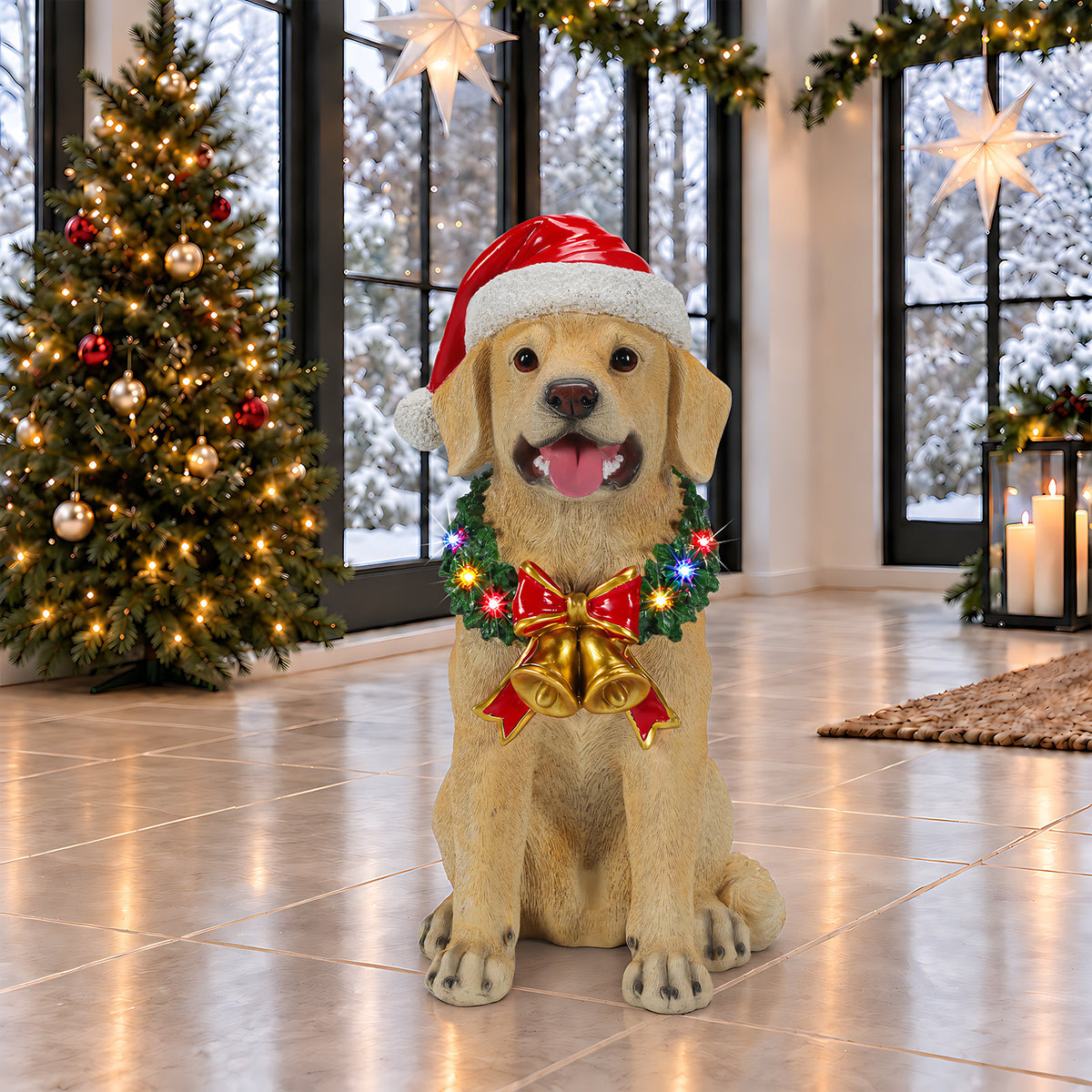 Lighted Christmas Labrador Retriever Dog Statue, Santa Hat Puppy Figurine with LED Wreath and Bells
