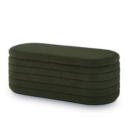 Modern Oval Storage Ottoman Bench, Upholstered Boucle Teddy Fabric End of Bed Bench with Storage, End of Bed Stool with Safety Hinge