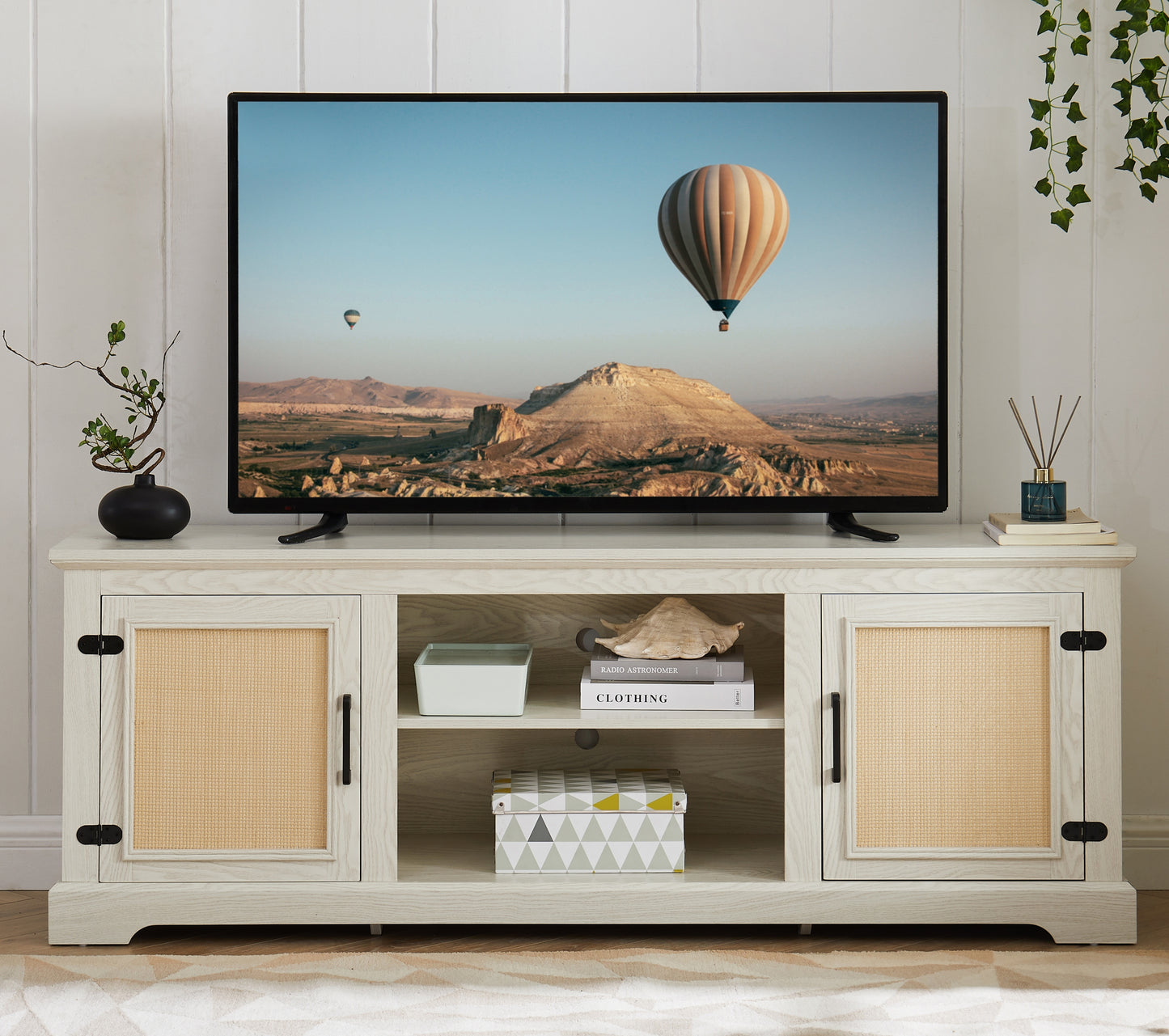 Farmhouse Rattan TV Stand Console Table for TVs up to 70 Inches, TV Console Table with 2 Storage Shelves, 2 Natural Rattan Door Cabinets,65'W*15.55'D*23.86'H, White