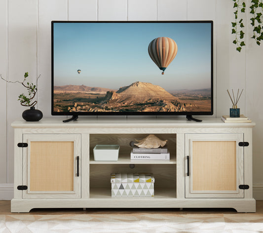 Farmhouse Rattan TV Stand Console Table for TVs up to 70 Inches, TV Console Table with 2 Storage Shelves, 2 Natural Rattan Door Cabinets,65'W*15.55'D*23.86'H, White