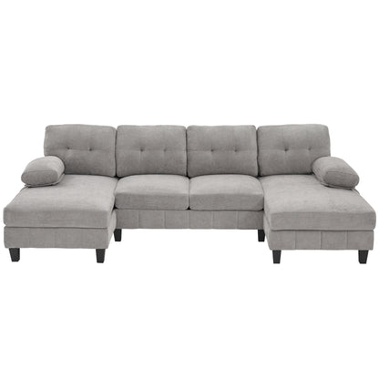 U-shaped Sectional Sofa 103.5' Chenille Fabric Couch with Dual Chaise Lounges, Storage Pockets and Armrest Pillows, Grey