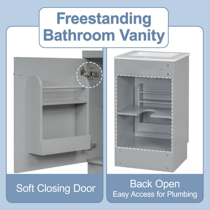 [Video] 18" Bathroom Vanity with Sink, Vanity Cabinet with Door Shelf and Adjustable Shelf, Grey