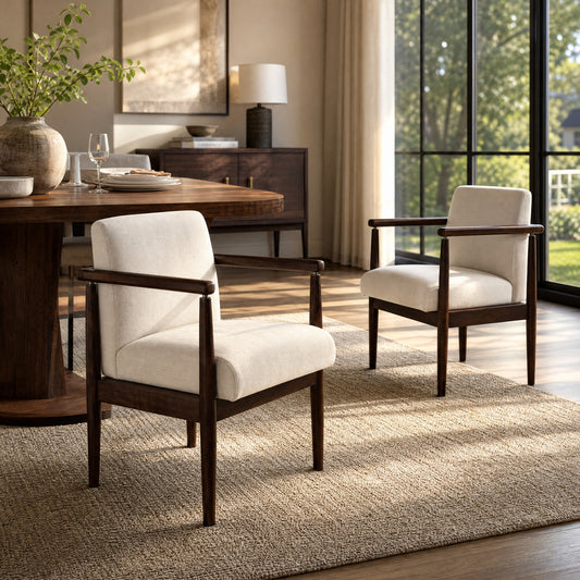 Set of 2 Mid-Century Modern Dining Arm Chairs, Fabric Upholstered Accent Chairs with Rubber Wood Frame, Walnut Finish & Beige Upholstery for Dining Room, Kitchen, Living Room