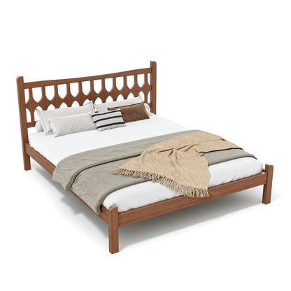Queen Size Bamboo Platform Bed with Diamond-shaped headboard, Solid Bamboo-made Bed Frame with Support Slats, for Bedroom, Guest Rooms, Brown