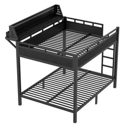 Queen over Queen Size Metal Bunk Bed with Storage Shelves and Pegboard, Bunk Bed Frame with USB Ports and LED Lights, Space-Saving, for Teens and Adults, Black