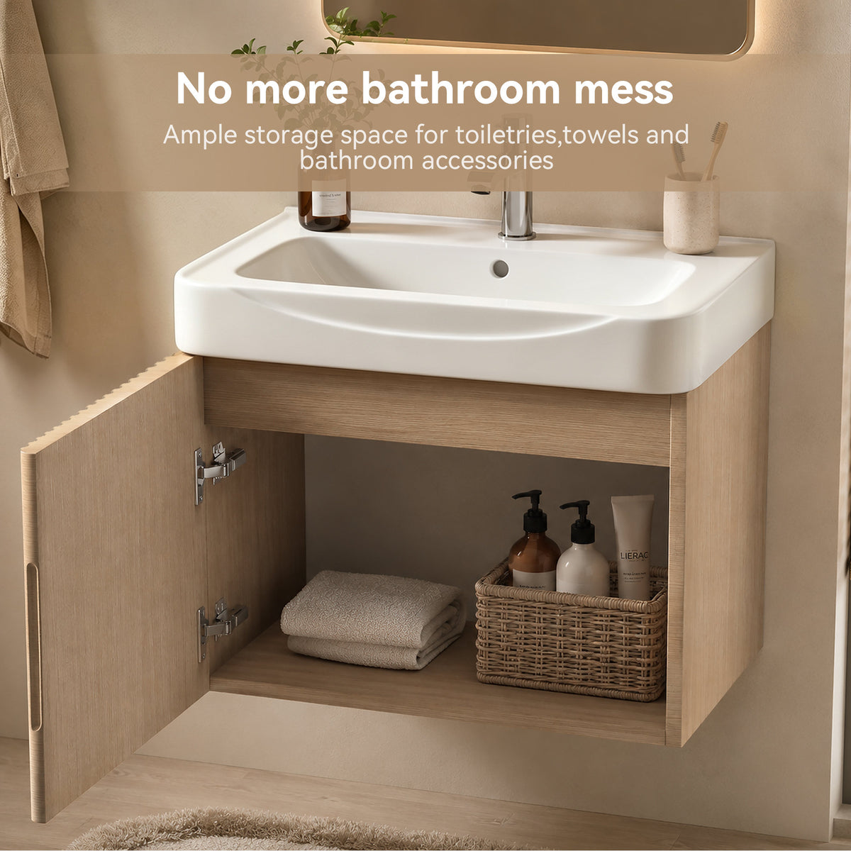 Wall Mount20' Light Oak Bathroom Vanity with Ceramic Sink with one faucet holes, Cabinet  Soft close doors  Pre-installed and completed