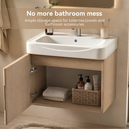 Wall Mount20' Light Oak Bathroom Vanity with Ceramic Sink with one faucet holes, Cabinet  Soft close doors  Pre-installed and completed
