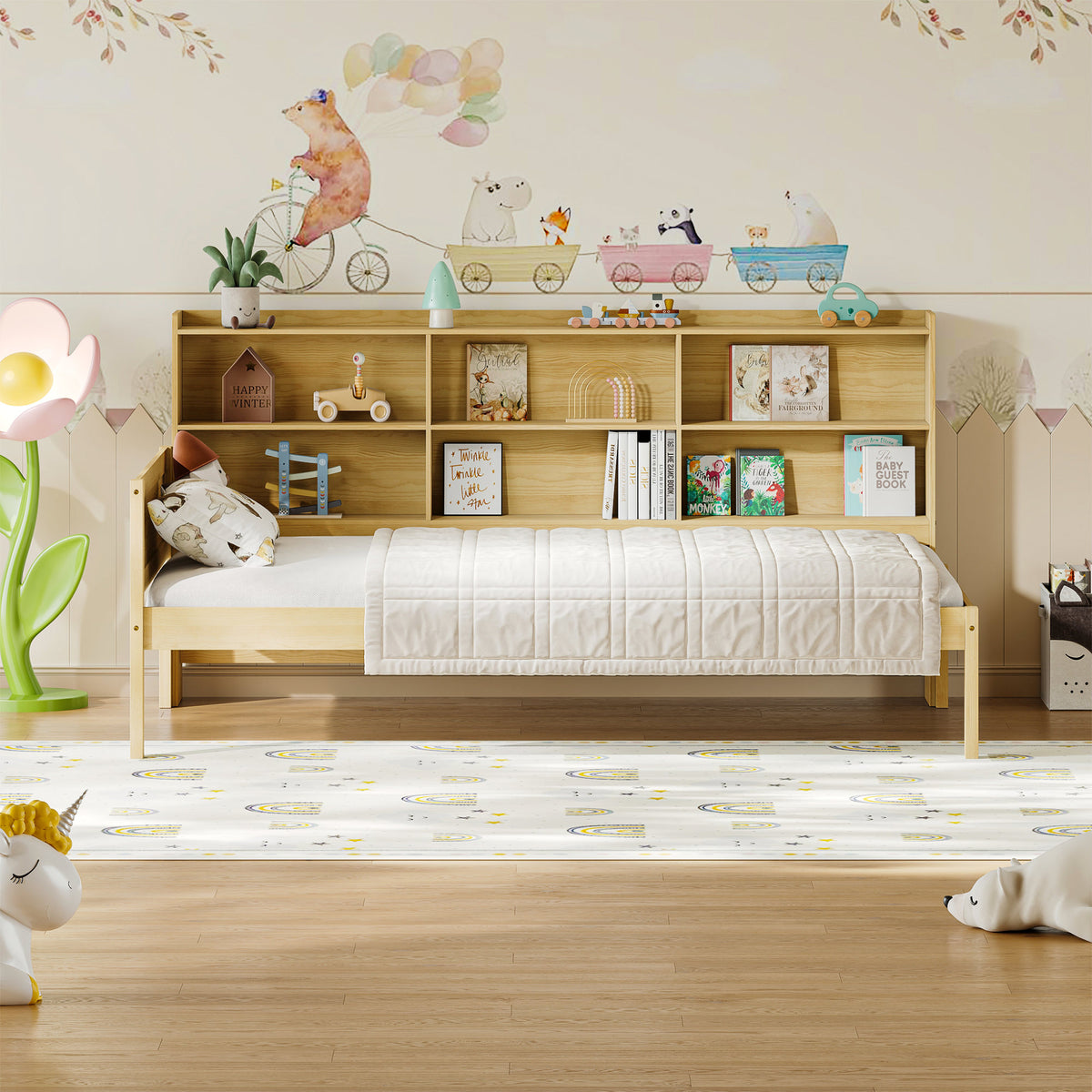 Twin Size Solid Wood Single Bed with Large Multi-compartment Storage Headboard Bookshelf, Simple Solid Wood Bed Frame, Multi-functional Storage Bed for Bedroom,Natural