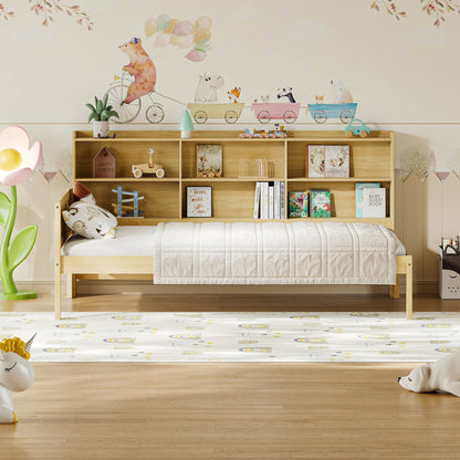 Twin Size Solid Wood Single Bed with Large Multi-compartment Storage Headboard Bookshelf, Simple Solid Wood Bed Frame, Multi-functional Storage Bed for Bedroom,Natural