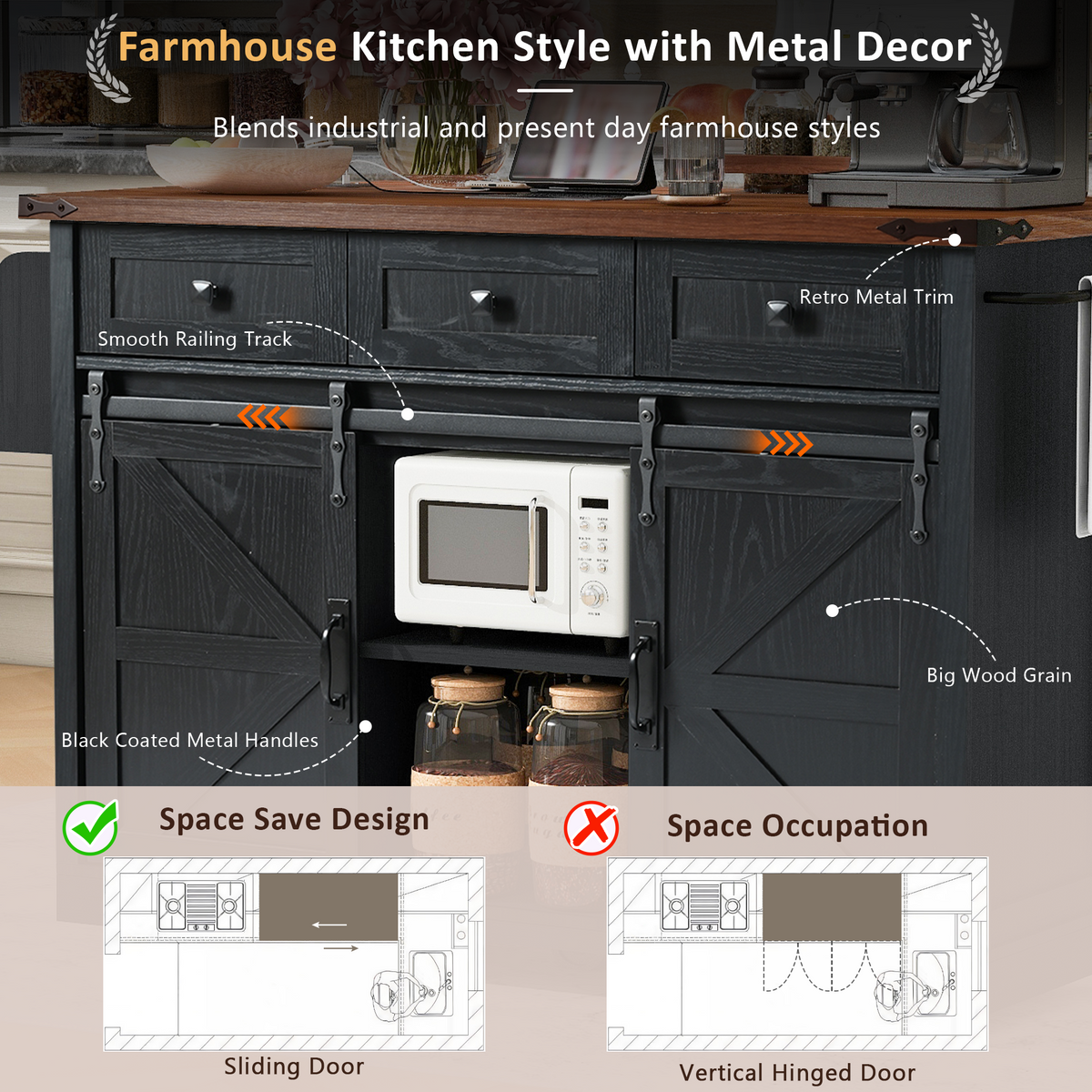 K&K 53.7" Farmhouse Kitchen Island with Power Outlet, 2 Sliding Barn Door Kitchen Storage Island with Drop Leaf – Black
