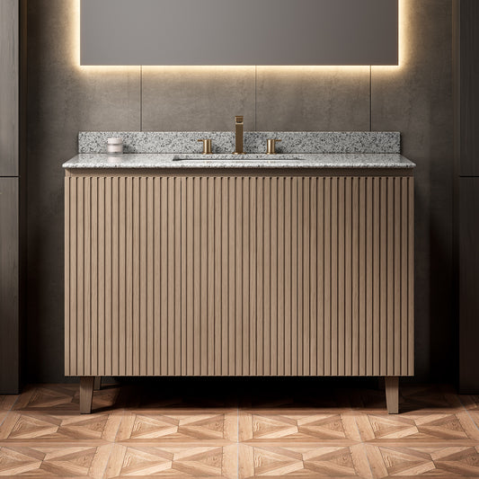 DOIN 48" Bathroom Vanity&Sink,Freestanding Cabinet,Natural Granite Countertop&Ceramic Basin with 3 Pre-drilled Faucet Holes,Disassembled,NO Faucet,No Drain Set&Sink Cover, Heidelberg Woodgrain Color