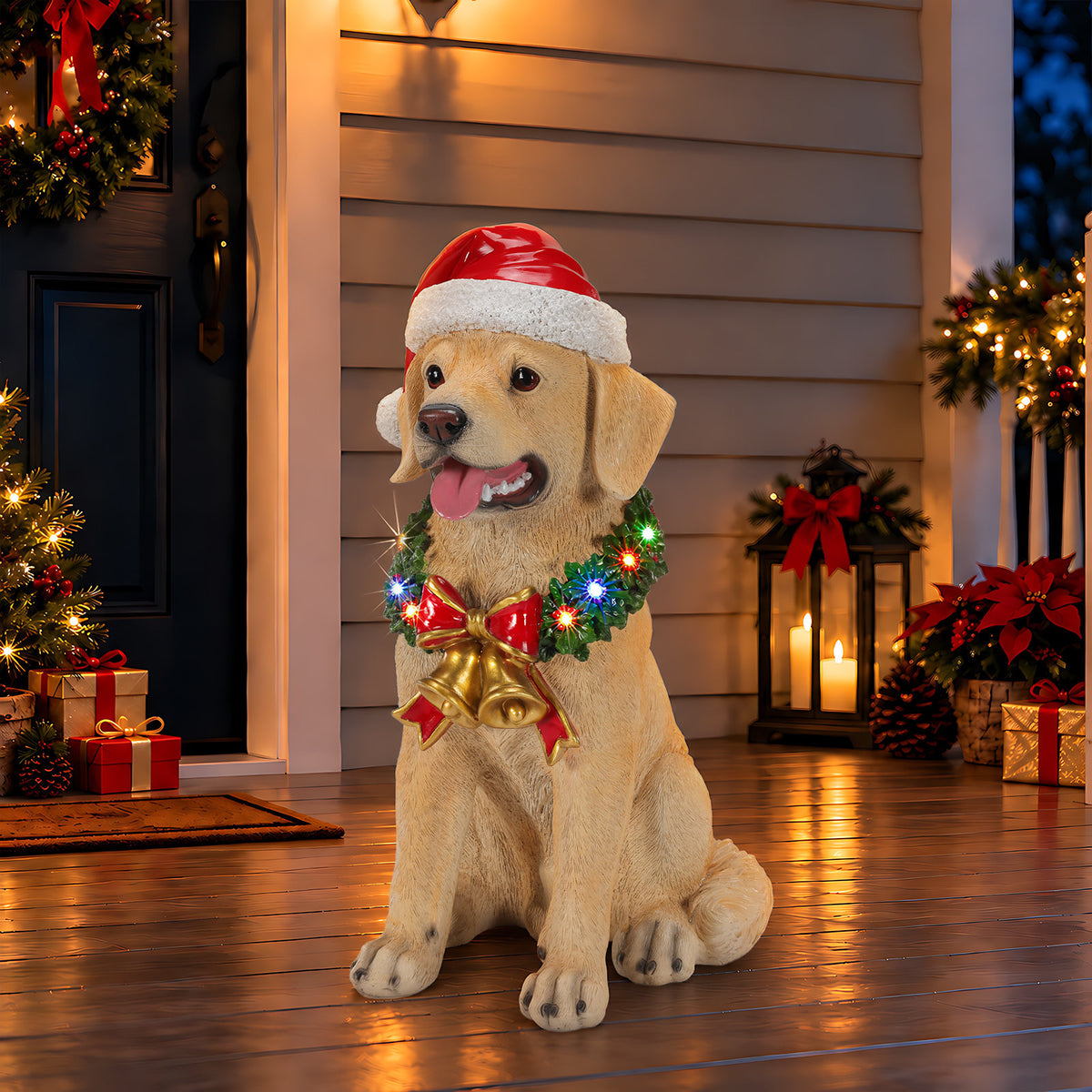 Lighted Christmas Labrador Retriever Dog Statue, Santa Hat Puppy Figurine with LED Wreath and Bells