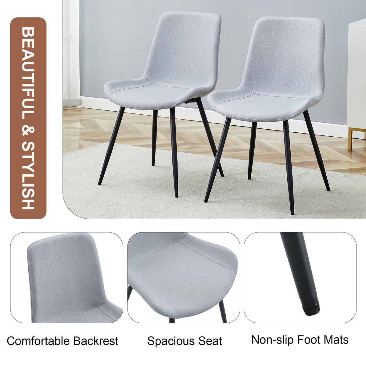 Comfortable Linen-Cotton Dining Chair Set - Four Pieces in Light Gray.Integrated Seat and Backrest, Linen-Cotton Material