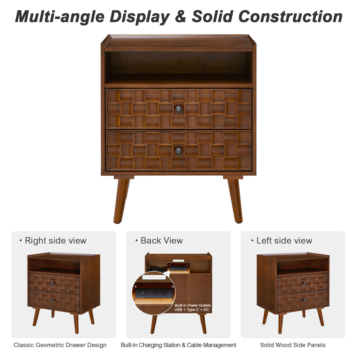 Nightstand with Charging Station, 2 Drawer Bedside Table with Shelf  Features geometric drawer fronts, open storage, USB and AC charging, and solid wood legs for everyday convenience