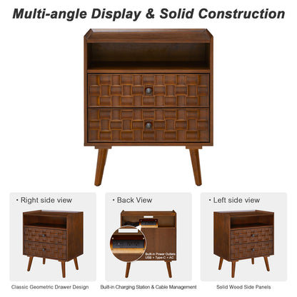 Nightstand with Charging Station, 2 Drawer Bedside Table with Shelf  Features geometric drawer fronts, open storage, USB and AC charging, and solid wood legs for everyday convenience