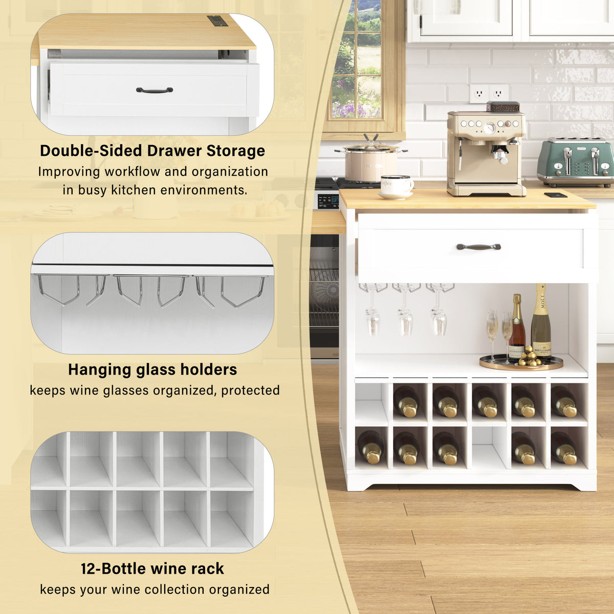 U_STYLE Extendable Counter Table with Wheels,Bar Table with Built-in Power Outlet,Farmhouse Wine Cabinet with Double-Sided Drawers,Suitable for Kitchen & Home Bar (Chairs Not Included)