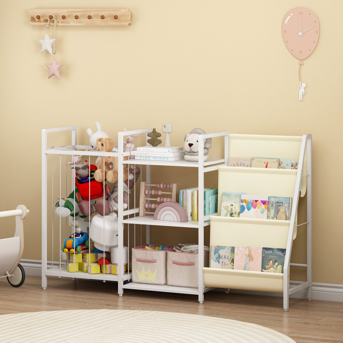 Kids Bookshelf and Toy Storage, 3-in-1 Book Shelf for Kids Rooms, Sling Baby Bookcase with Stuffed Animal Storage, Toddler Montessori Bookshelf for Nursery, Playroom, Kindergarten, White