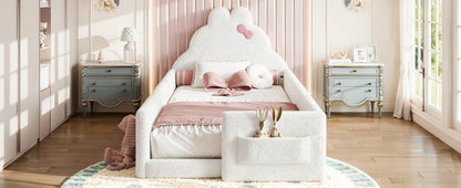 Twin Size Upholstered Floor bed, LowtoGround floor bed, Soft Padded Upholstered Kids bed, Safe Children Bed Frame with Side Storage Pocket for Kids.White