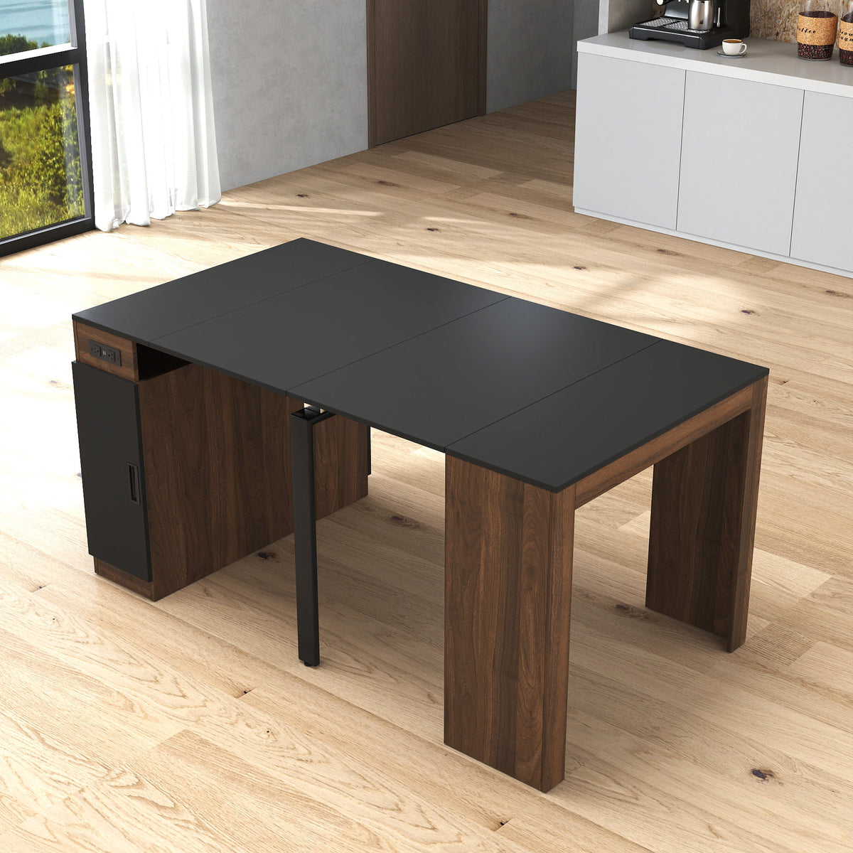 Modern Multifunctional Extendable Dining Table with Outlet, Space Saving Expanding Table with Storage for Party, Weddings, Meetings, Celebrations
