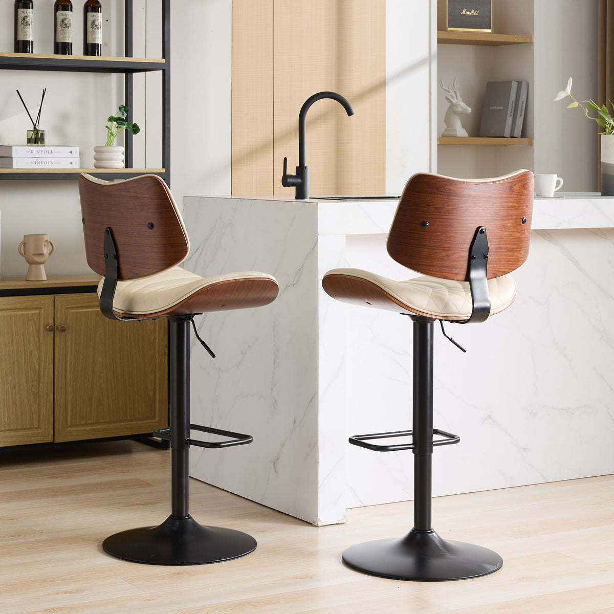 Walnut Bentwood Bar Stools Mid Century Modern Adjustable Counter Height Black Leather Upholstered 360°Swivel Bar Chairs for Kitchen – Beige