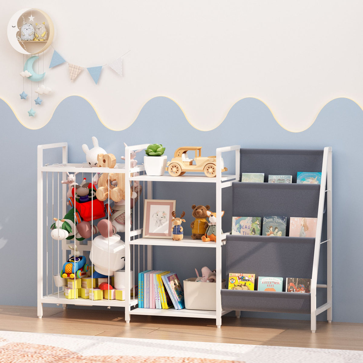 Kids Bookshelf and Toy Storage, 3-in-1 Book Shelf for Kids Rooms, Sling Baby Bookcase with Stuffed Animal Storage, Toddler Montessori Bookshelf for Nursery, Playroom, Kindergarten, Gray