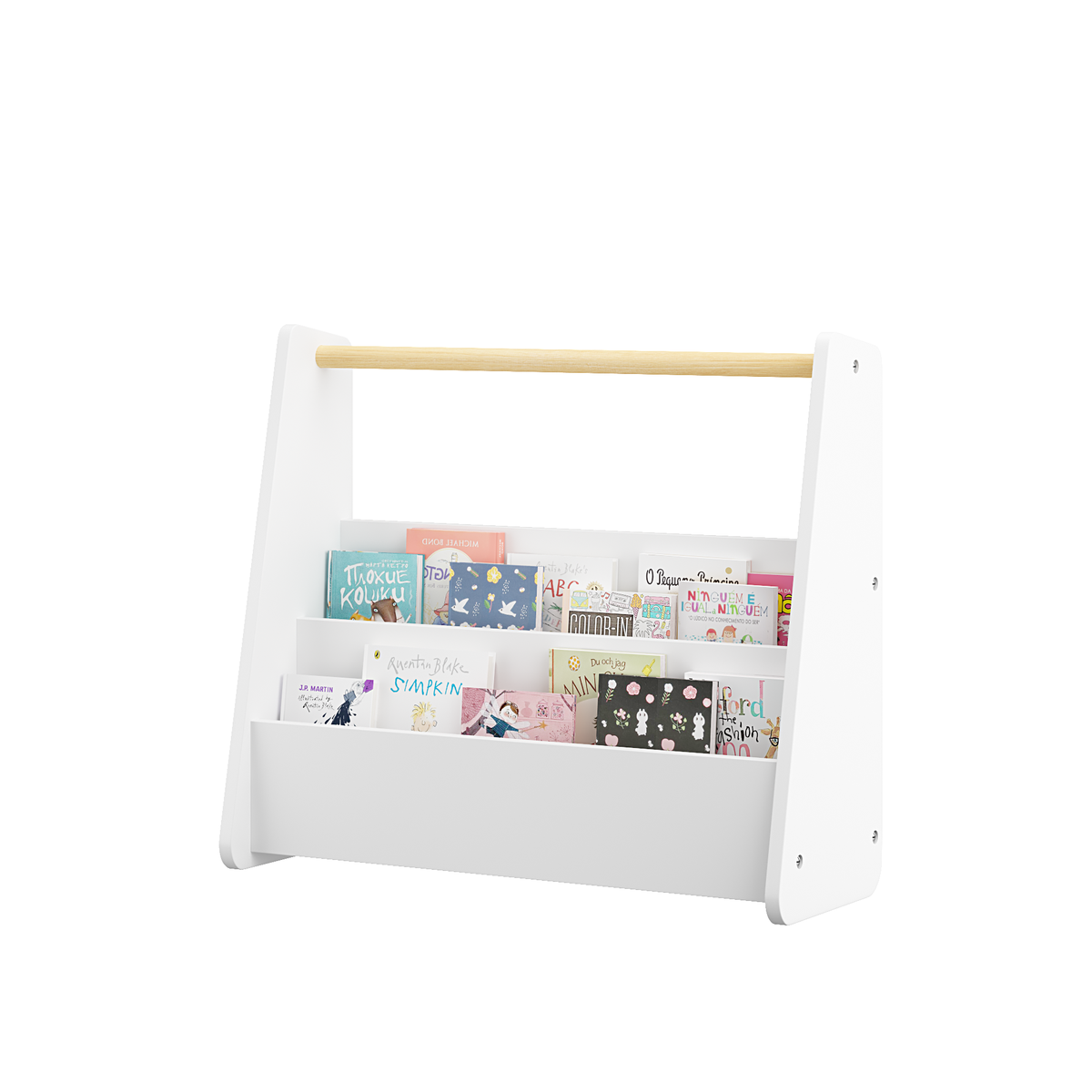 Kids Bookshelf with Wooden Handle, 2-Tier Front-Facing Toddler Bookcase, Portable Children's Book Storage Organizer, or Classroom, White