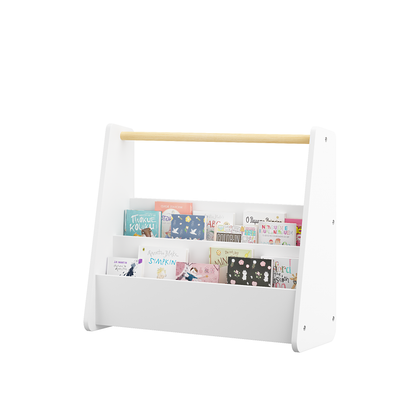 Kids Bookshelf with Wooden Handle, 2-Tier Front-Facing Toddler Bookcase, Portable Children's Book Storage Organizer, or Classroom, White