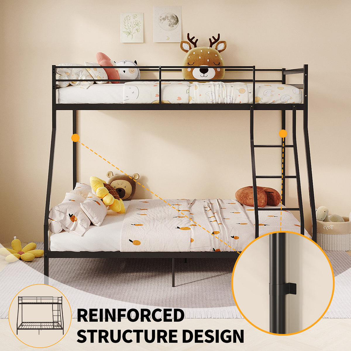 Twin Over Full Bunk Bed, Heavy Duty Metal Bunk Bed Frame with Anti-Slip Ladder & Safety Guardrails, Space-Saving Bunkbeds for Kids Teens Adults, 8.6" Under-Bed Storage, Black