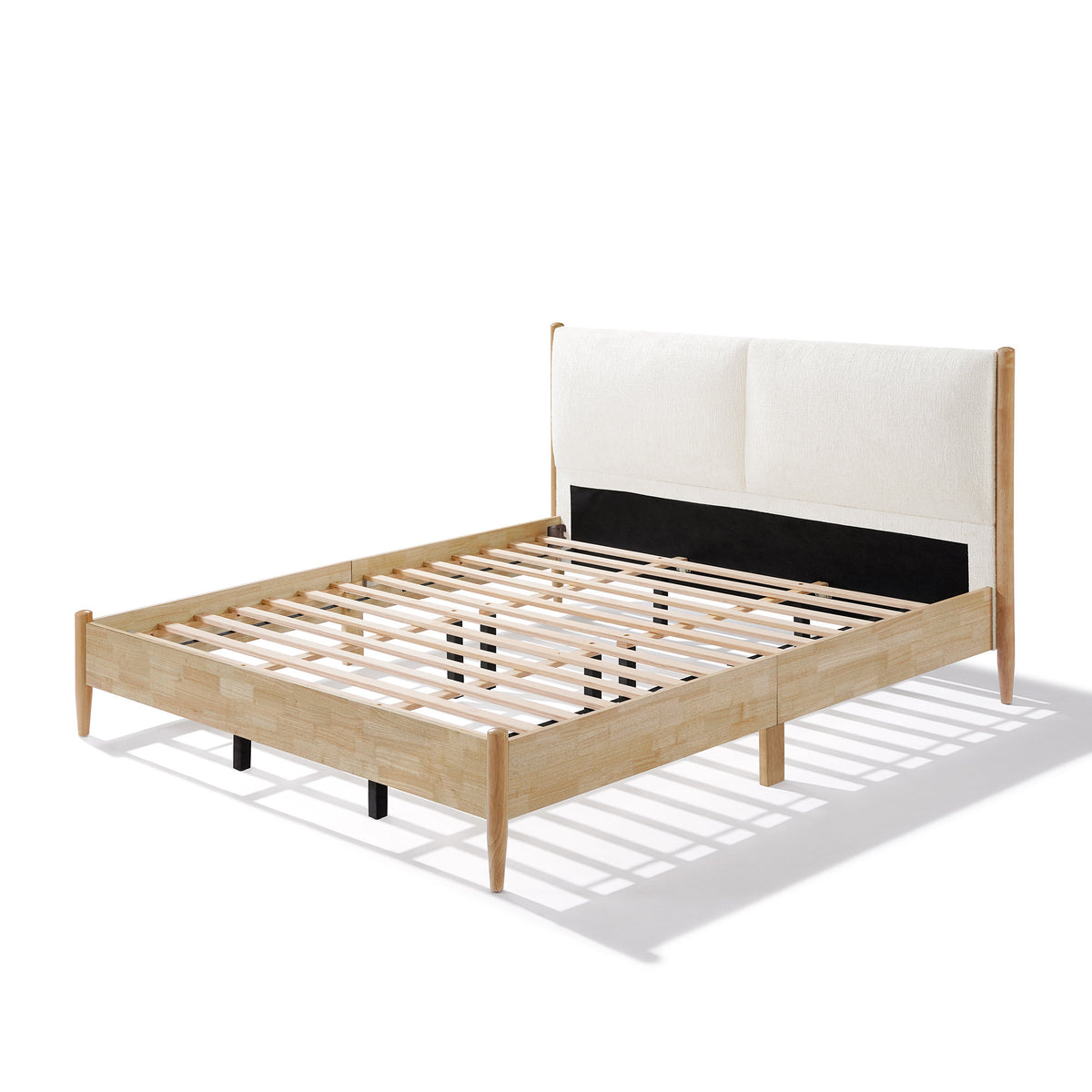 King Natural wood  Bed Frame with White Cozy Upholstered Headboard