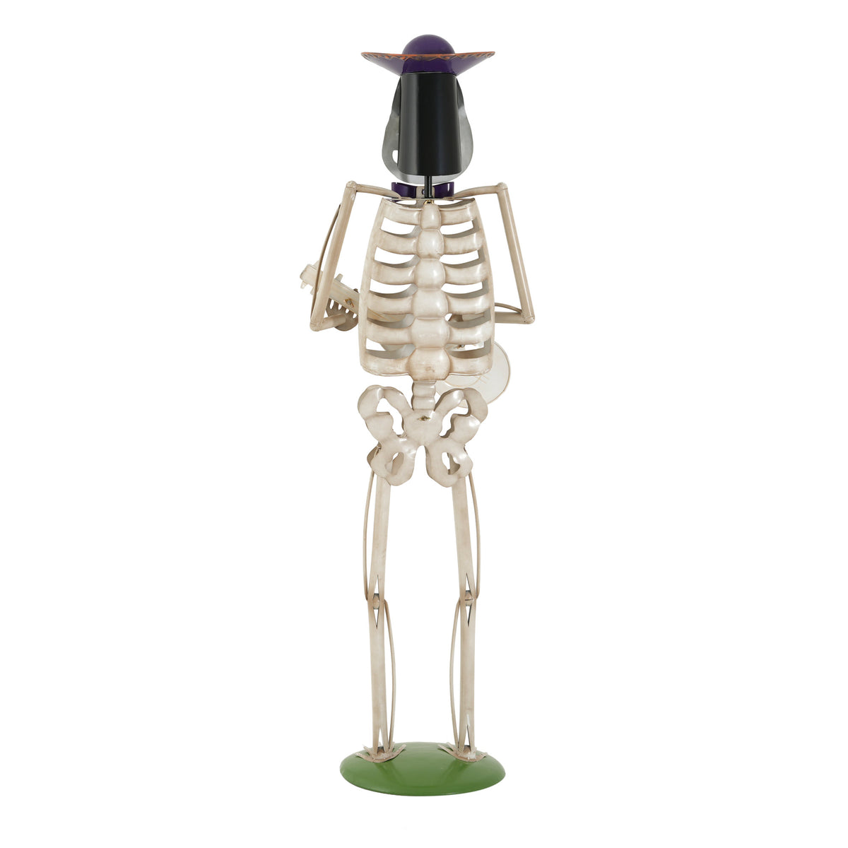 Halloween Skeleton Guitar Yard Decoration, 61.8 Inch Metal Statue with Purple Hat and Bow Tie in Ivory White for Outdoor Porch, Lawn, and Party Decor