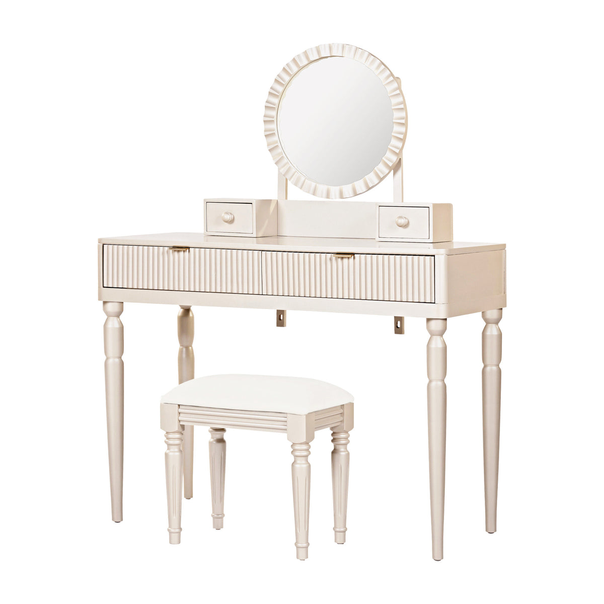 Luxury Vanity Desk with Round Mirror,Height-Adjustable, Stylish Dressing Table Set, 4 Drawers & Stool, Champagne